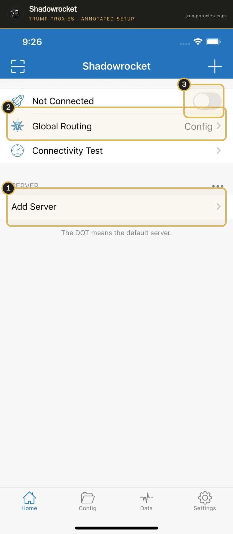 Annotated Shadowrocket home screen highlighting Add Server, Global Routing and the connection switch