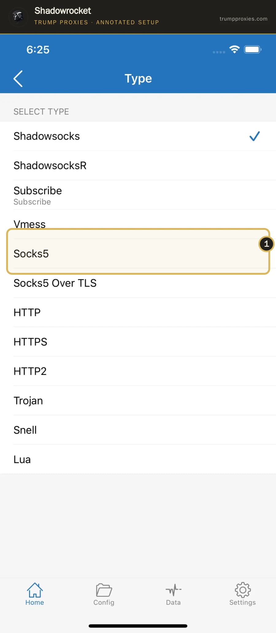 Annotated Shadowrocket server type list highlighting the Socks5 protocol