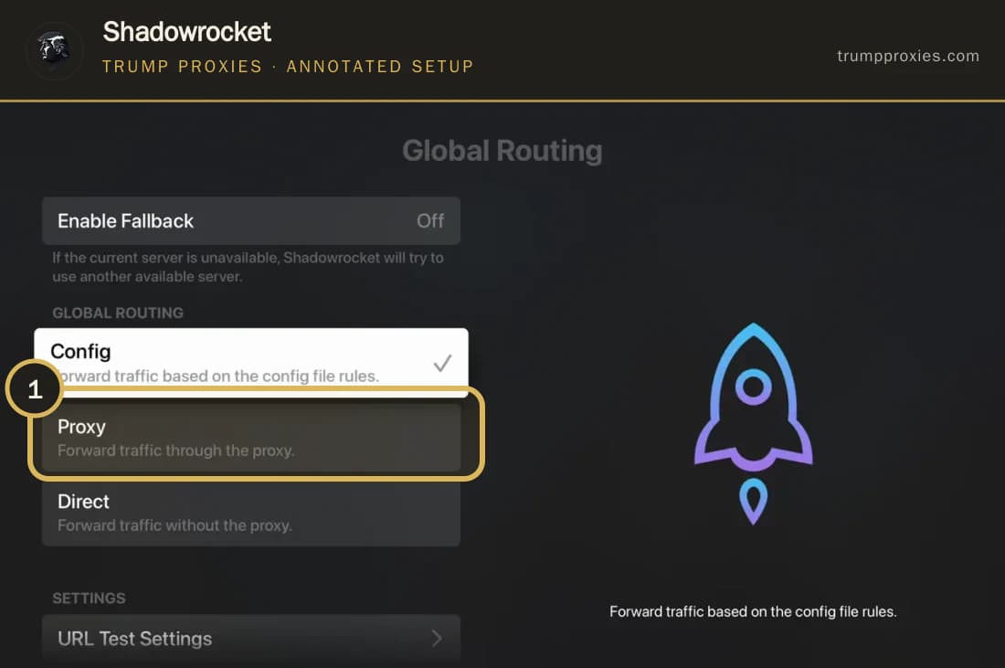 Annotated Shadowrocket Global Routing screen highlighting the Proxy choice