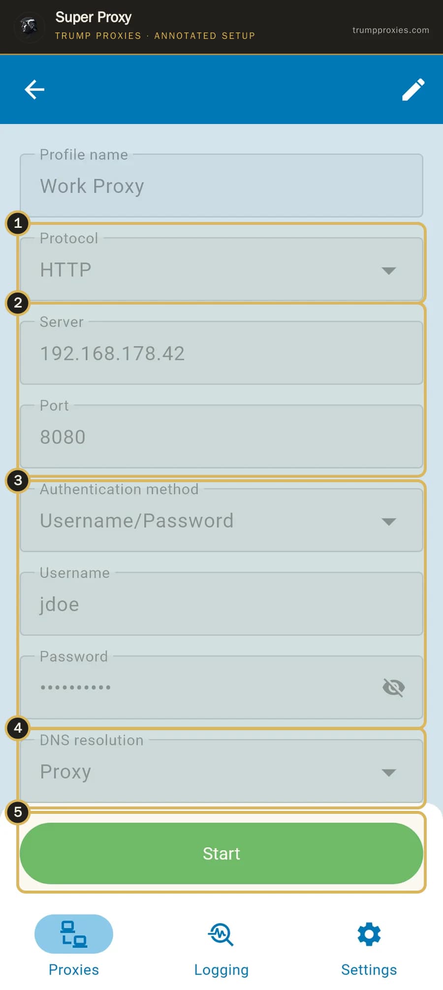 Annotated Super Proxy profile editor highlighting protocol, server, authentication, DNS and Start controls