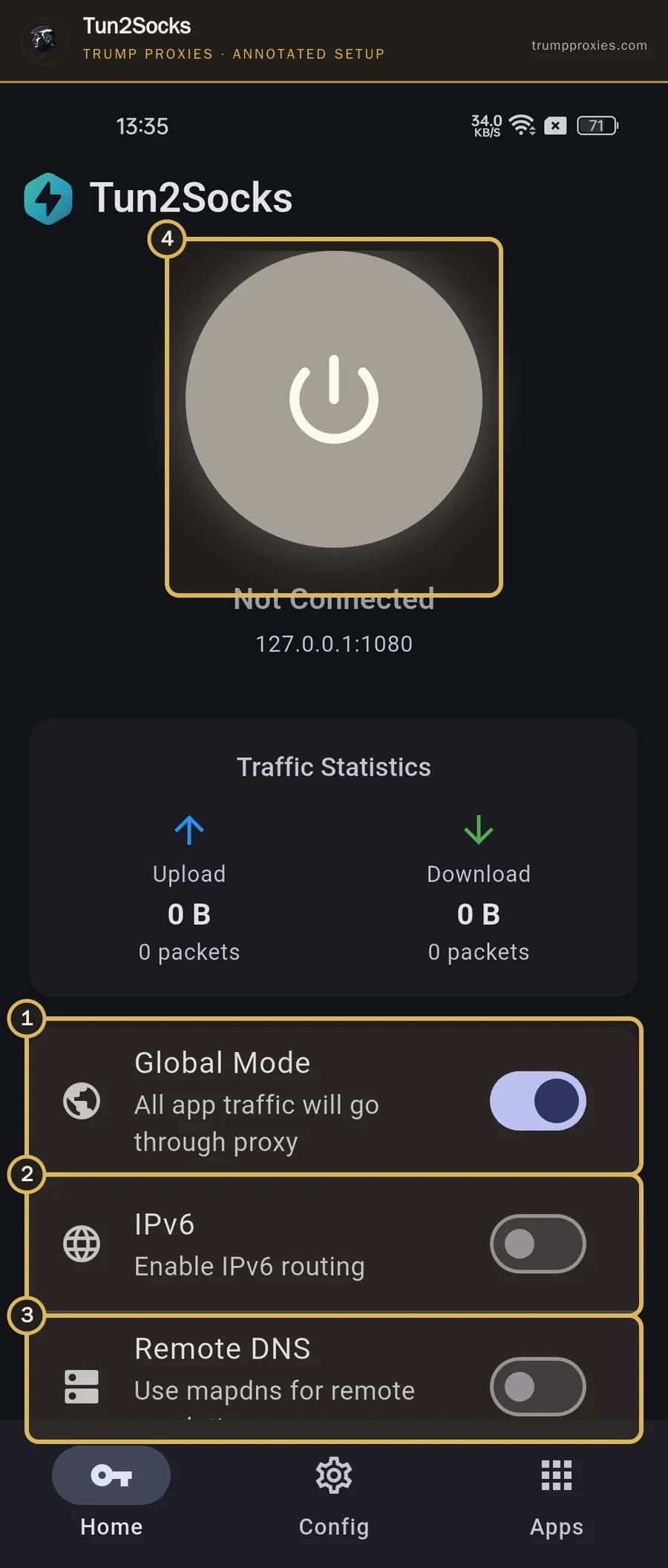 Annotated Tun2Socks home screen highlighting Global Mode, IPv6, Remote DNS and the connect button